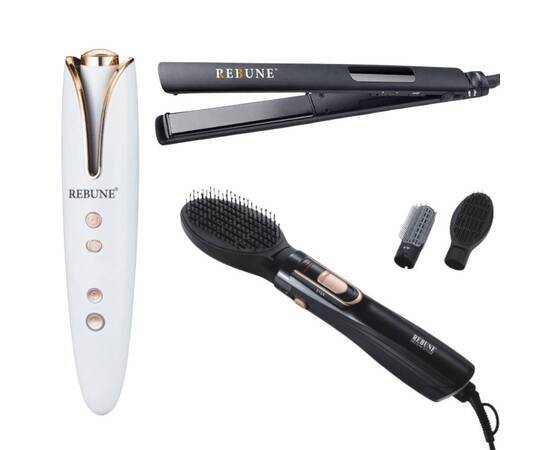 Rebune Hair Styler Plus 2 Pieces RE-2025-2 PLUS + Rebune Ceramic Hair Straightener RE-2023 + Rebune Auto Hair Curler RE-2081, Color: White & Gold, image 